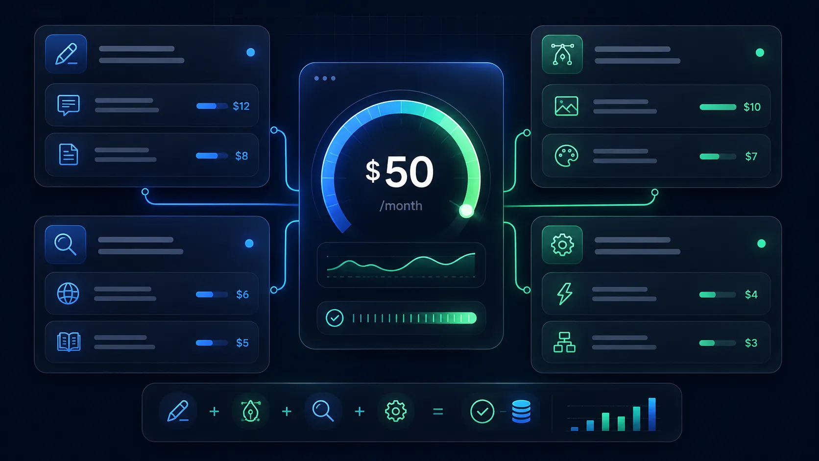 Budget AI stack dashboard for writing, design, research, and automation under fifty dollars per month