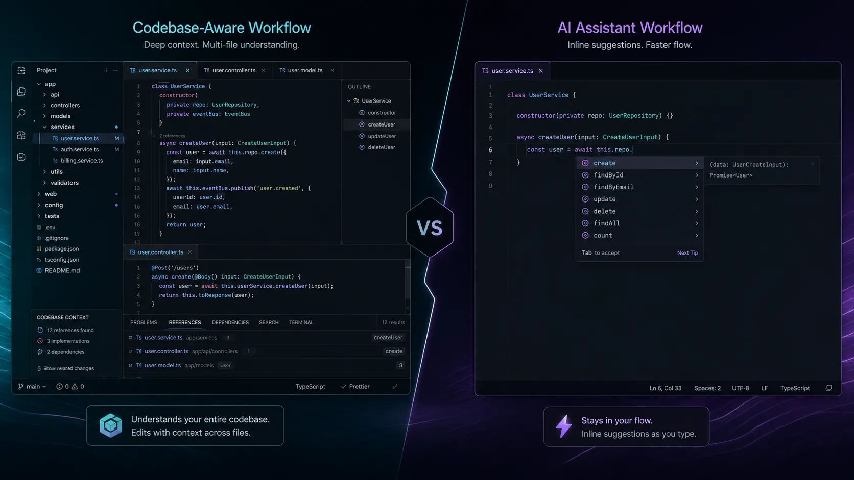 Developer AI coding tools comparison between Cursor and GitHub Copilot for codebase-aware workflows