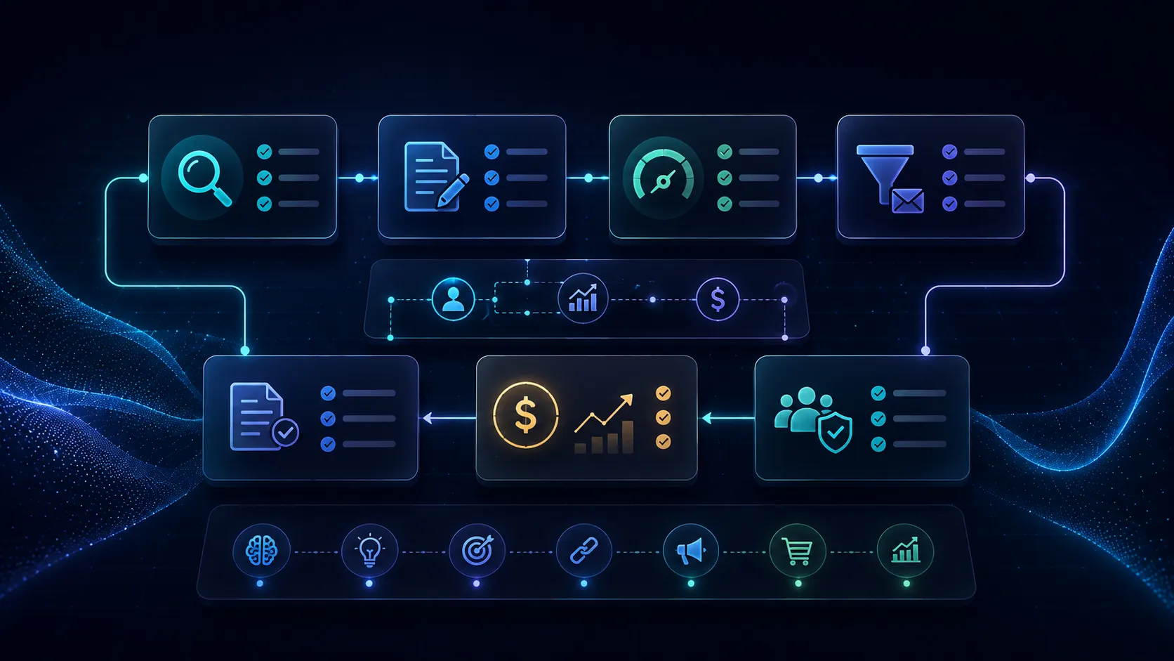 Affiliate marketing workflow using AI tools for keyword research, content creation, SEO, and email list building