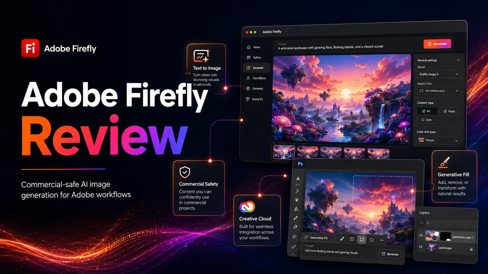 Adobe Firefly web interface showing text-to-image generation alongside Photoshop Generative Fill panel
