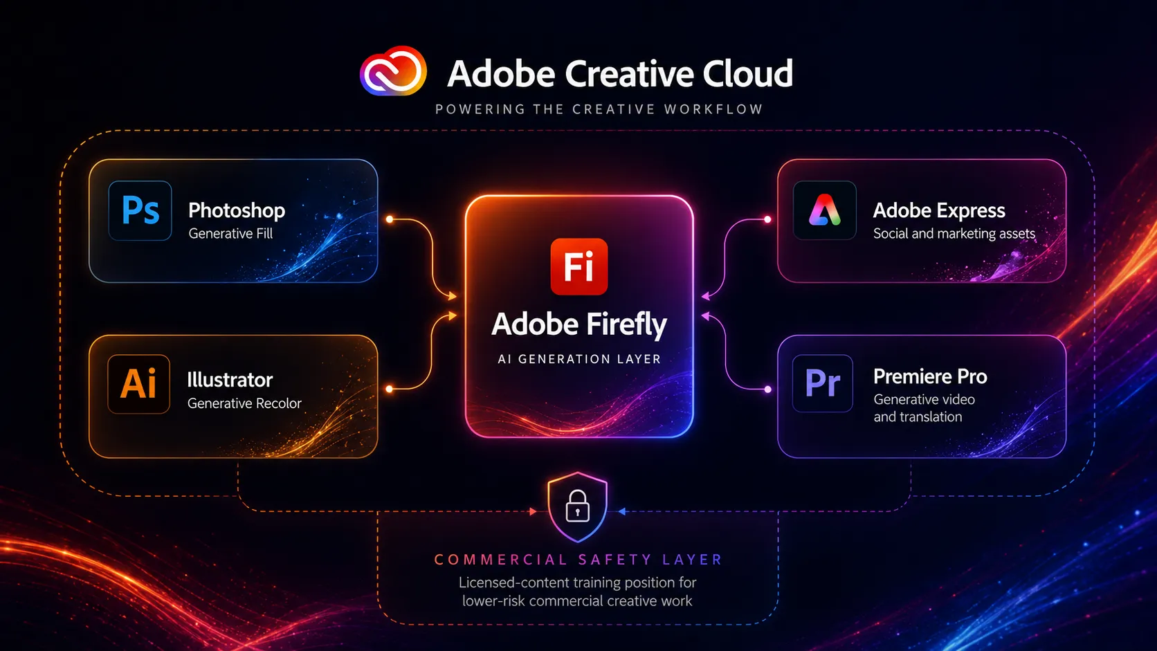 Diagram showing Adobe Firefly connected to Photoshop, Illustrator, Express, and Premiere Pro as the AI generation layer