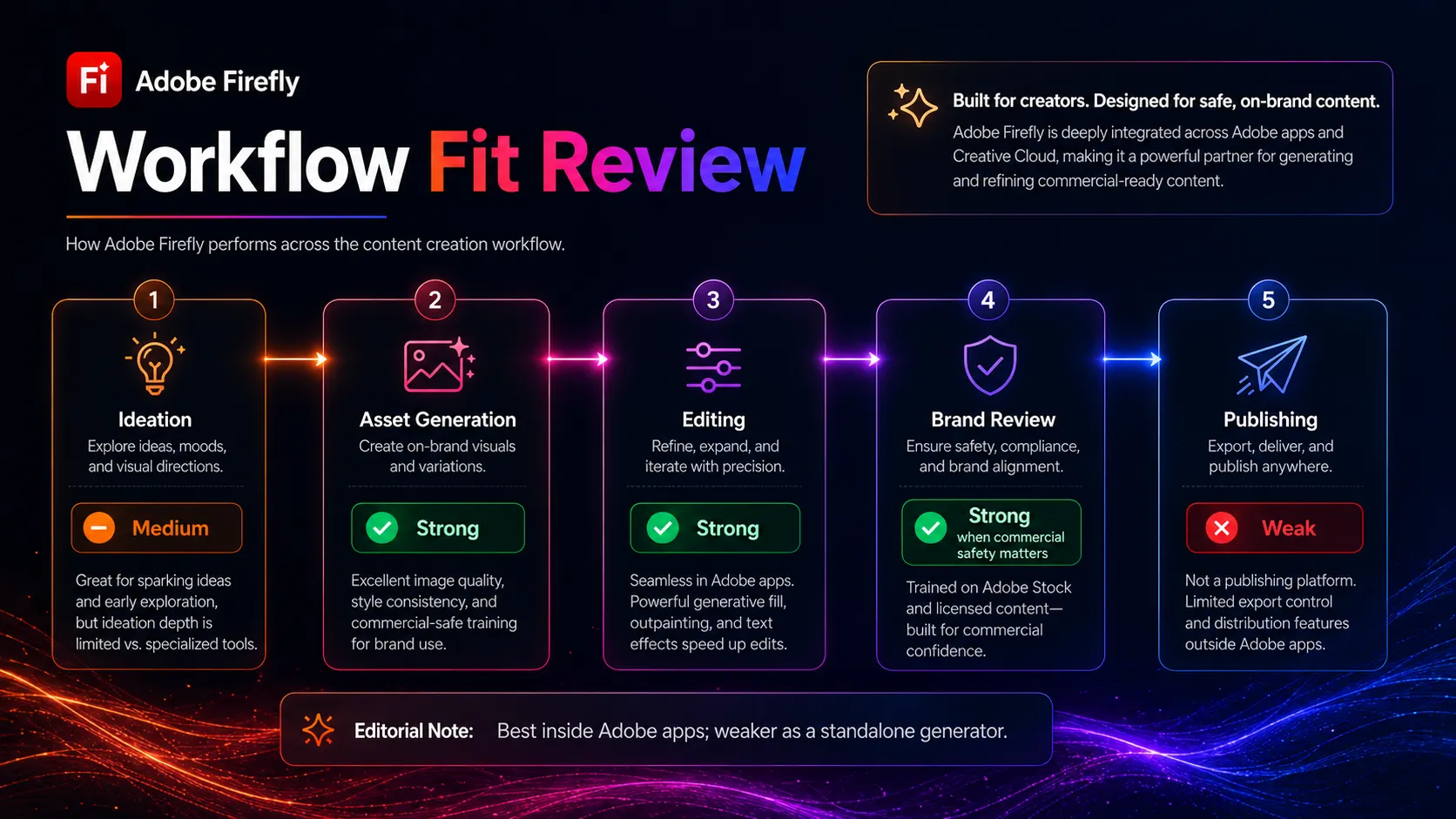 Workflow fit chart showing where Adobe Firefly is strong, medium, and weak across creative production stages