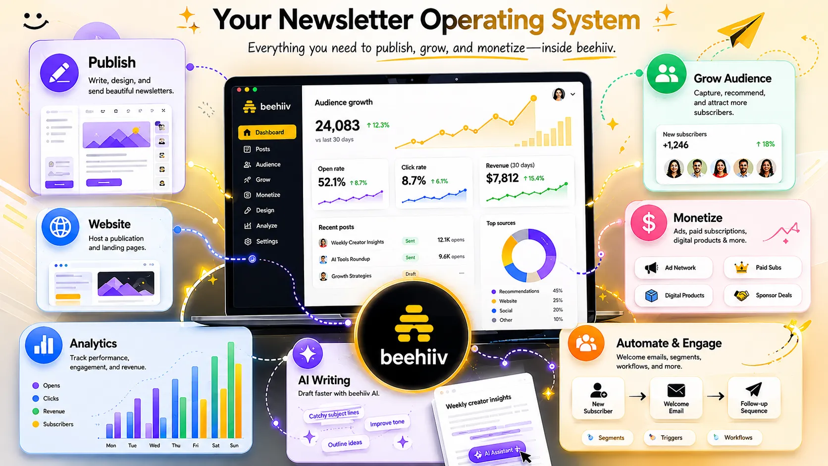 beehiiv review hero showing a newsletter growth platform with publishing, audience analytics, monetization, and AI writing workflow cards