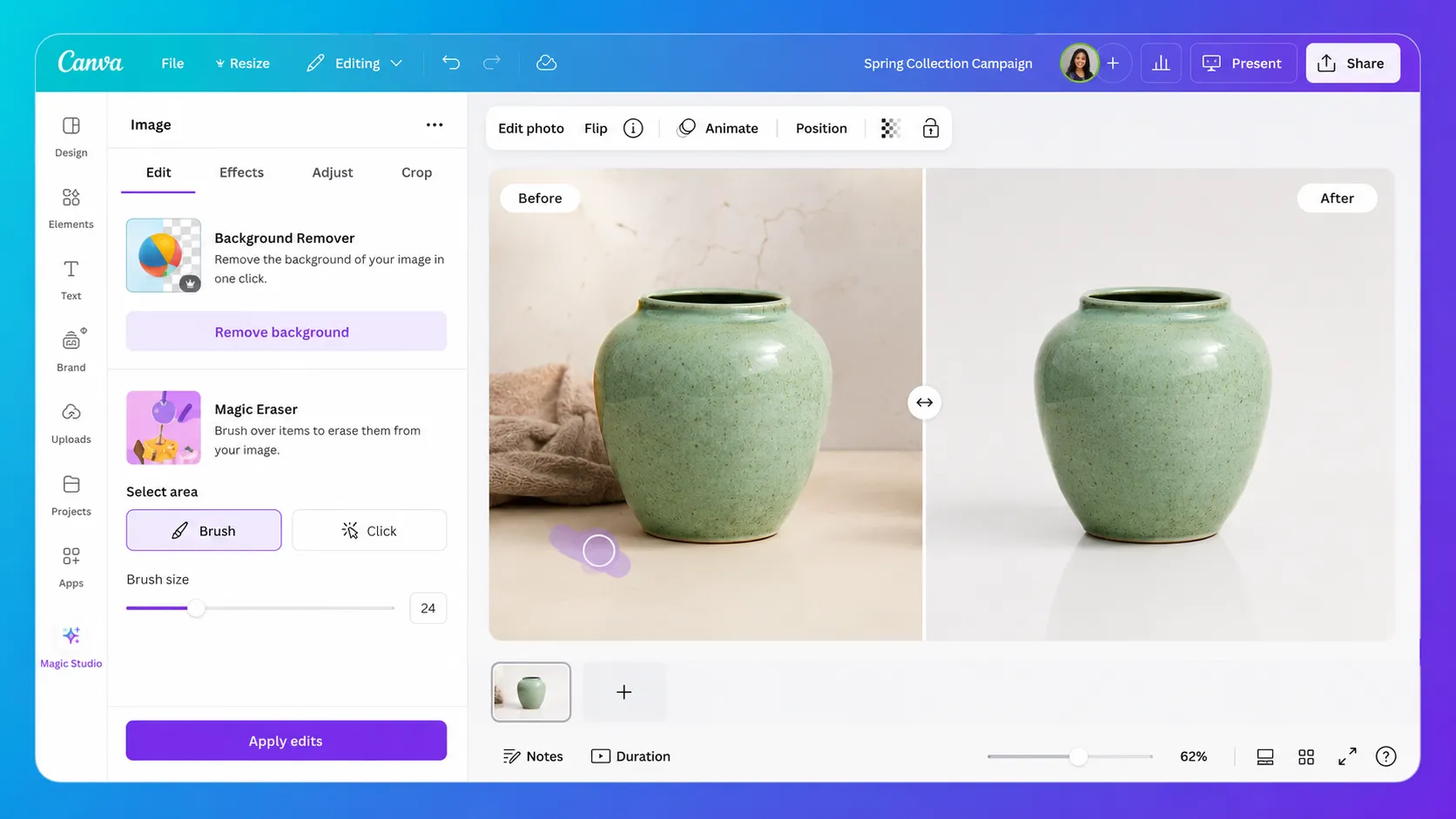 Canva AI image editing workspace showing background cleanup and product visual adjustments