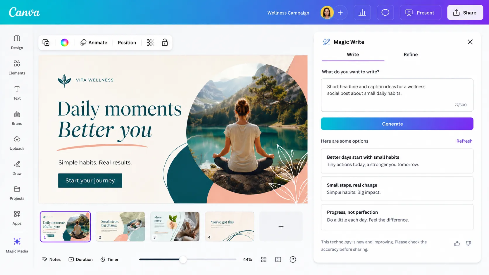 Canva AI Magic Write style content panel beside a presentation and social post design
