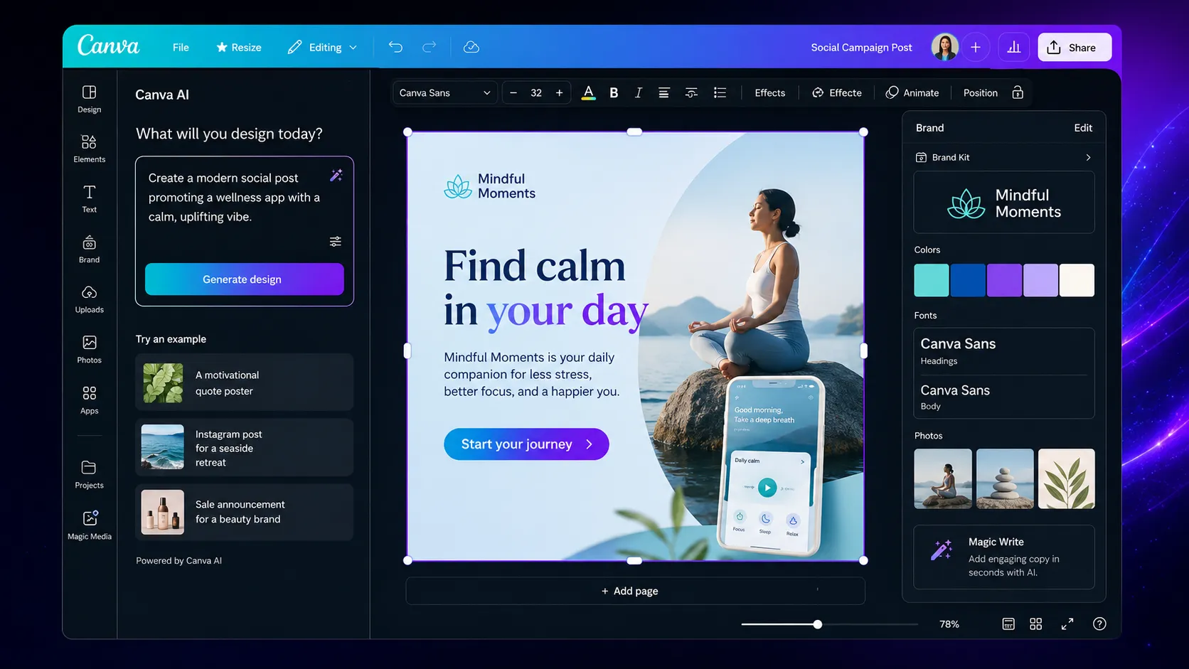 Canva AI editor showing a prompt-to-design workflow with an editable social campaign layout
