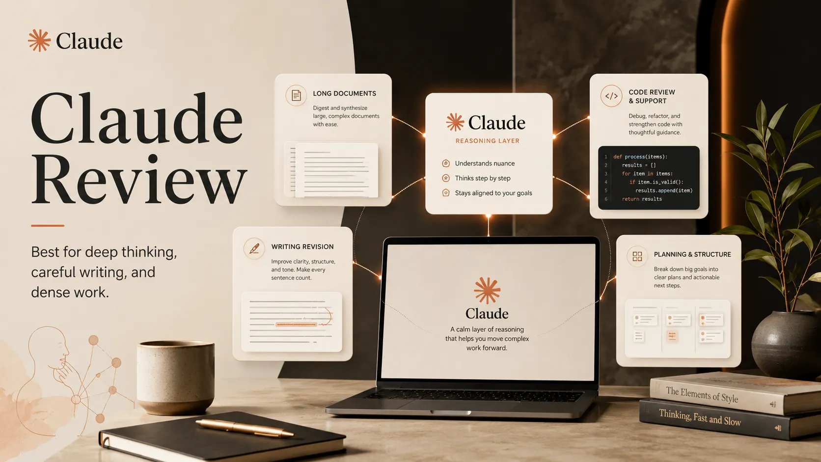Claude shown as a reasoning layer connected to documents, code, research notes, and team workflows