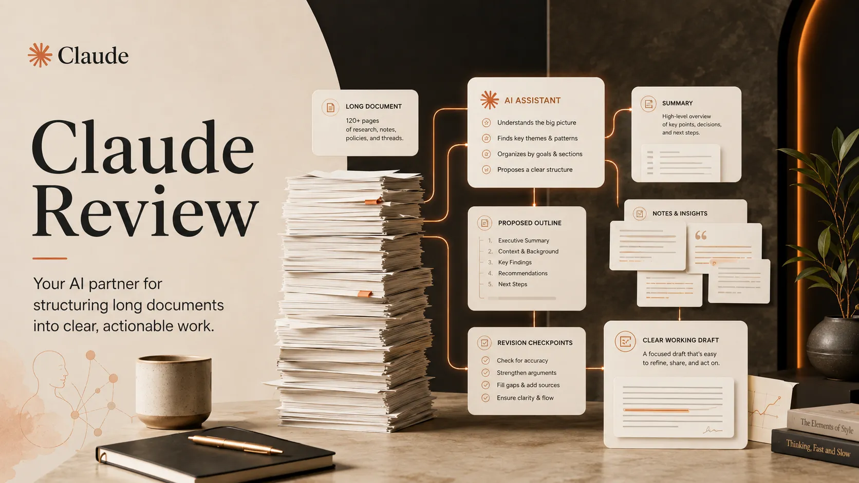 Claude used to organize a long document workflow with notes, summaries, and revision steps