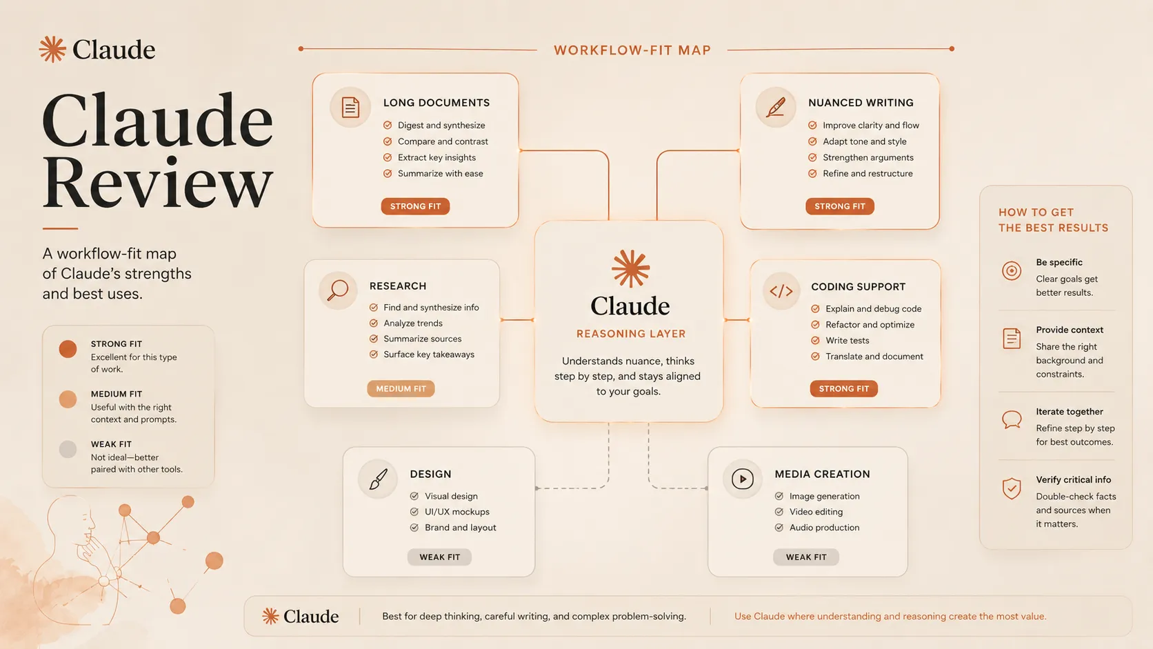 Claude workflow fit map across writing, document review, coding support, research, and design work
