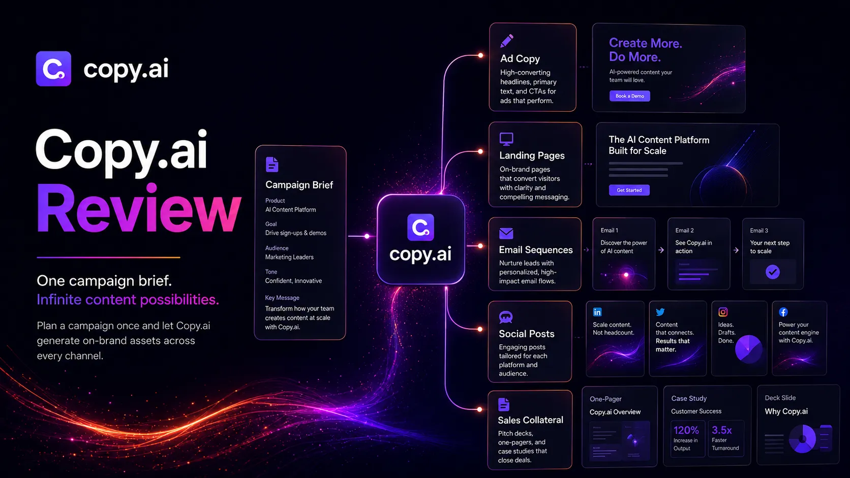 Copy.ai marketing campaign asset workflow for ads, landing page snippets, emails, and social copy