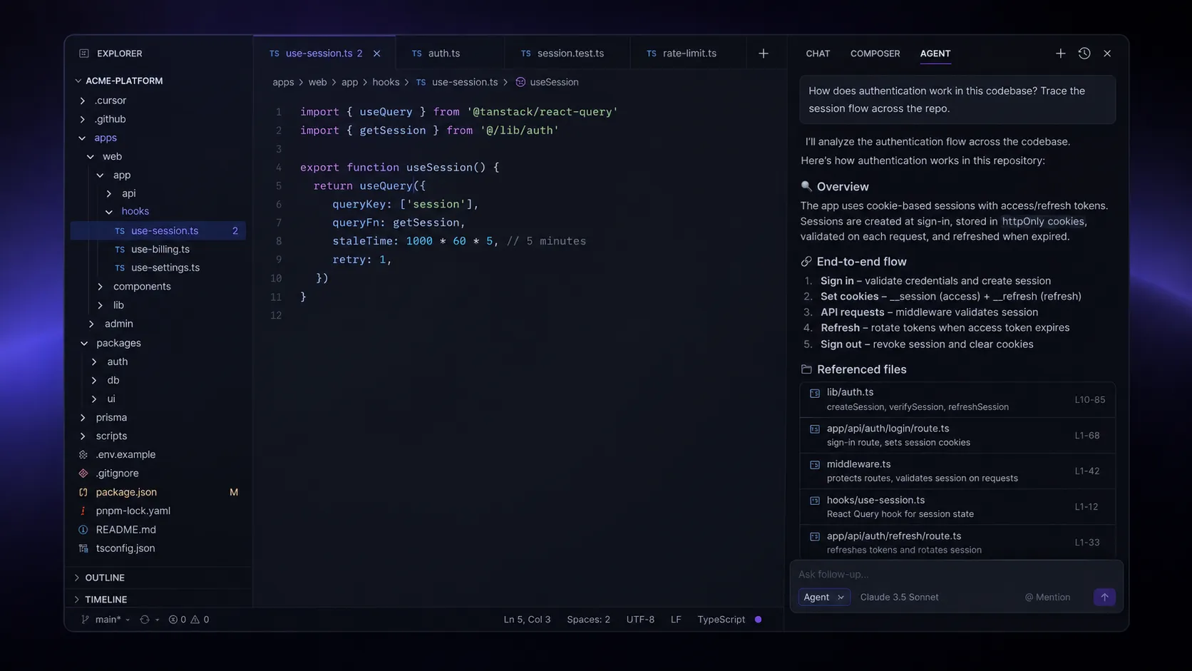 Cursor codebase chat answering a question with context from multiple files