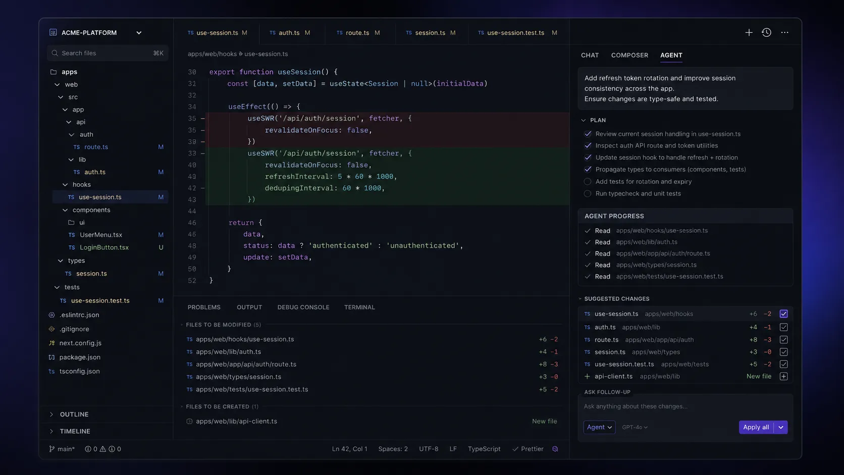 Cursor Composer interface showing multi-file editing across a project