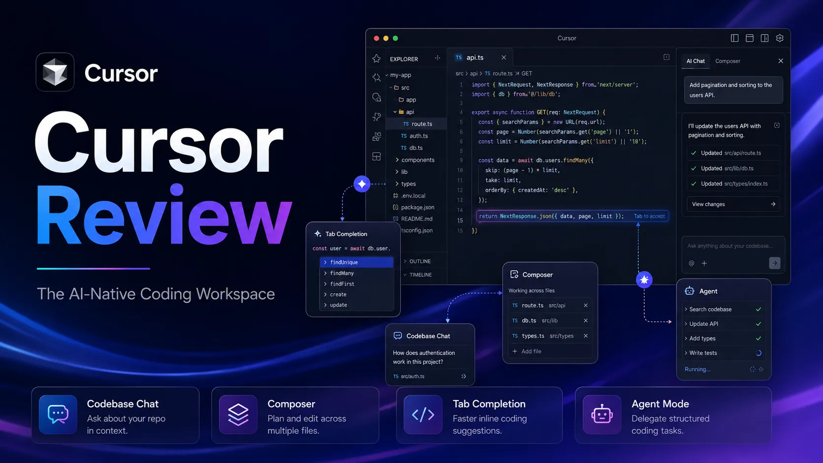 Cursor AI editor workspace showing codebase chat and multi-file editing interface