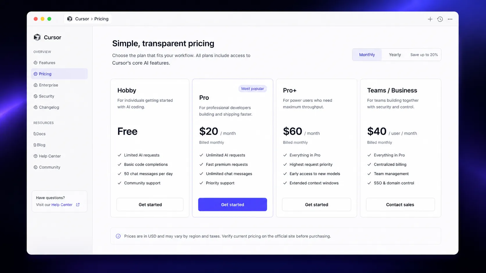 Cursor official pricing page showing Hobby, Pro, Pro+ and Teams plans