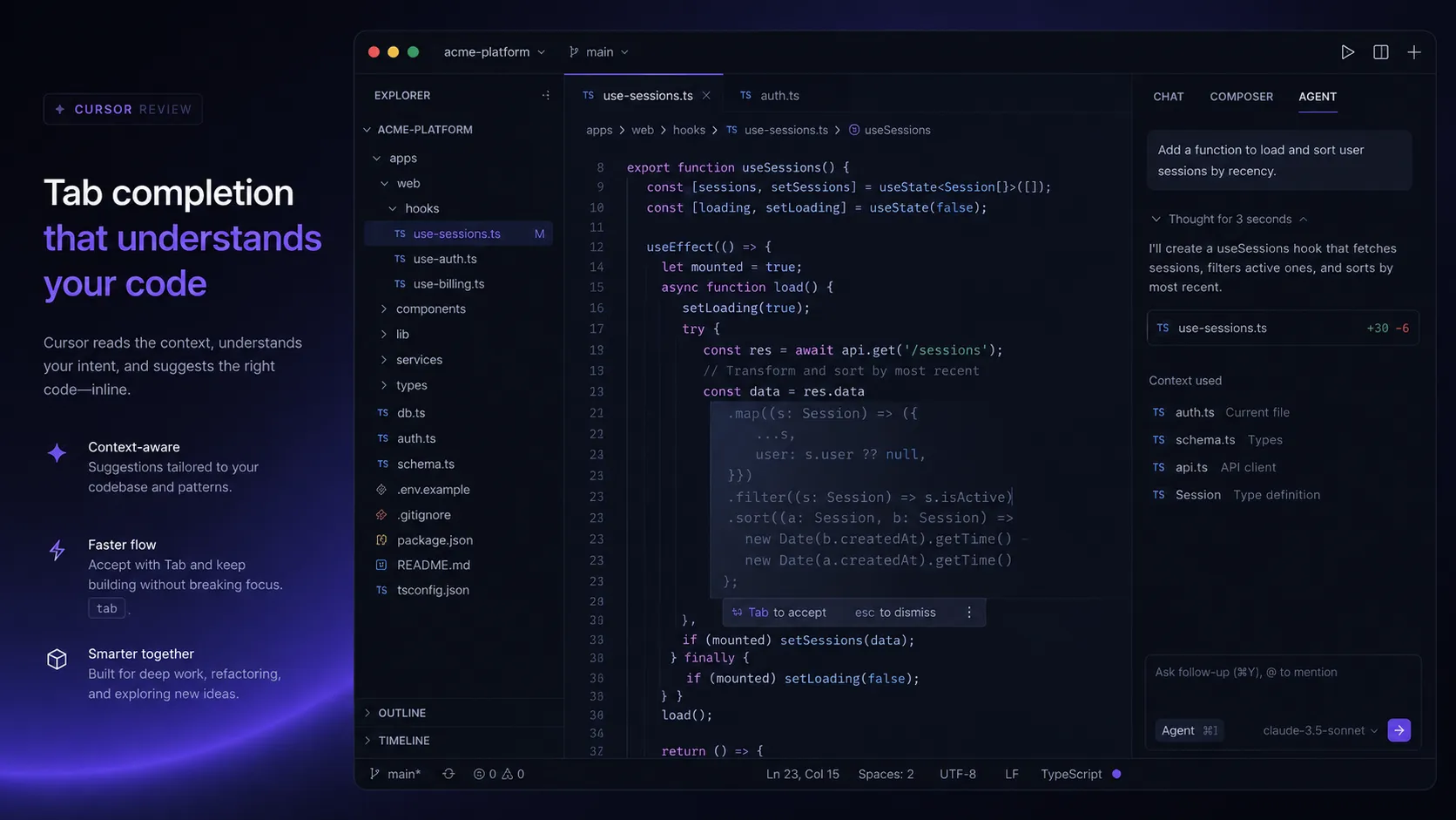 Cursor Tab completion suggesting context-aware multi-line code