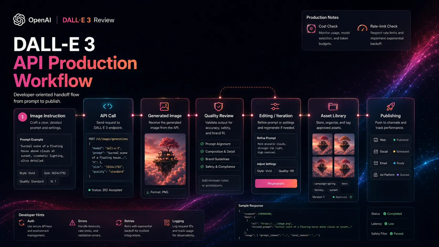DALL-E 3 API production handoff from image instruction to generated image, review, editing, and publishing