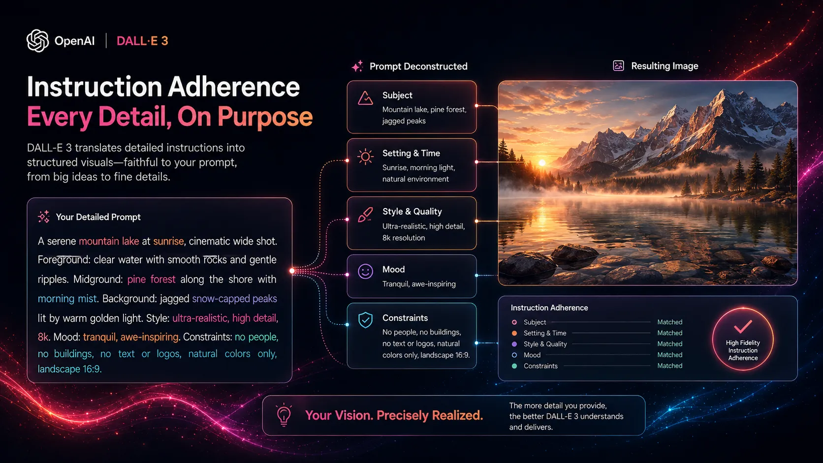 Visual showing DALL-E 3 translating a detailed instruction into a structured image composition