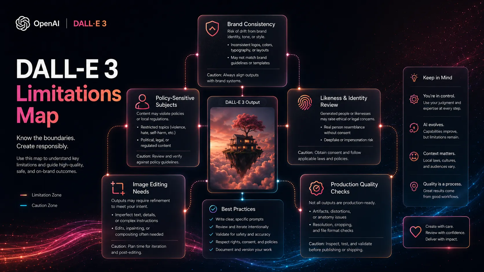 DALL-E 3 limitations map covering brand control, policy-sensitive subjects, consistency, and editing needs