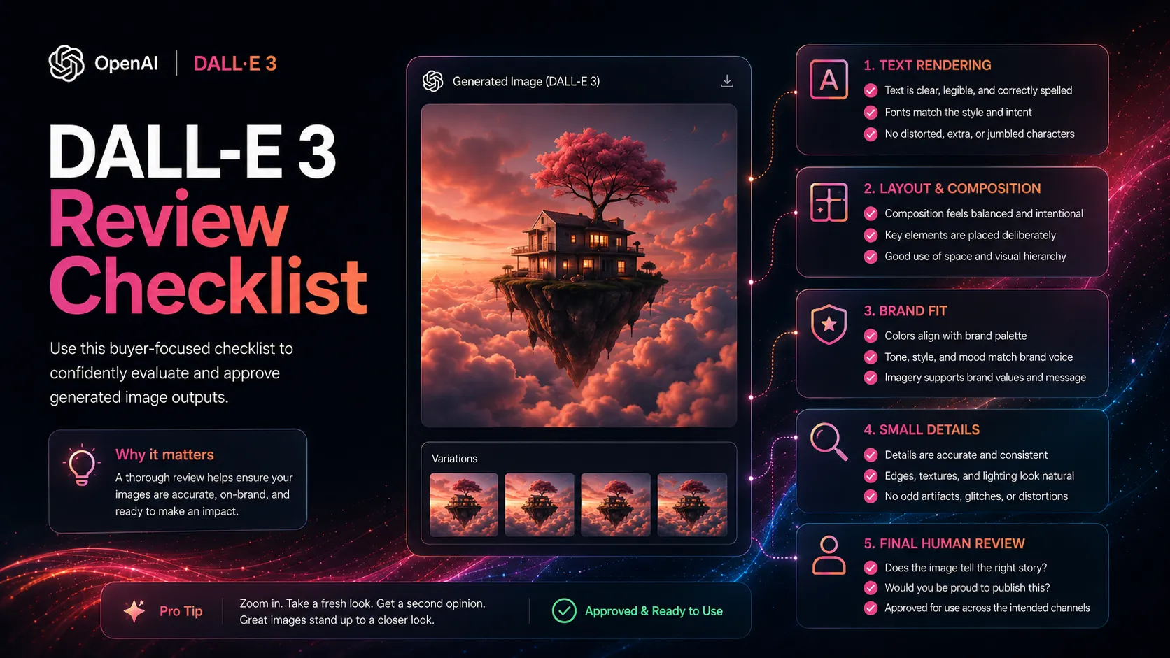 Checklist for reviewing text, layout, brand fit, and image details in DALL-E 3 outputs