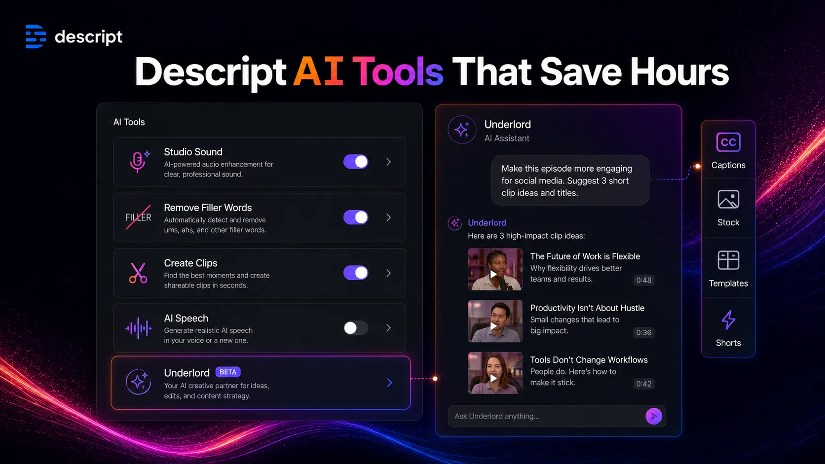 Editorial visual showing Descript AI tools such as Studio Sound, filler-word removal, captions, clips, AI Speech, and Underlord