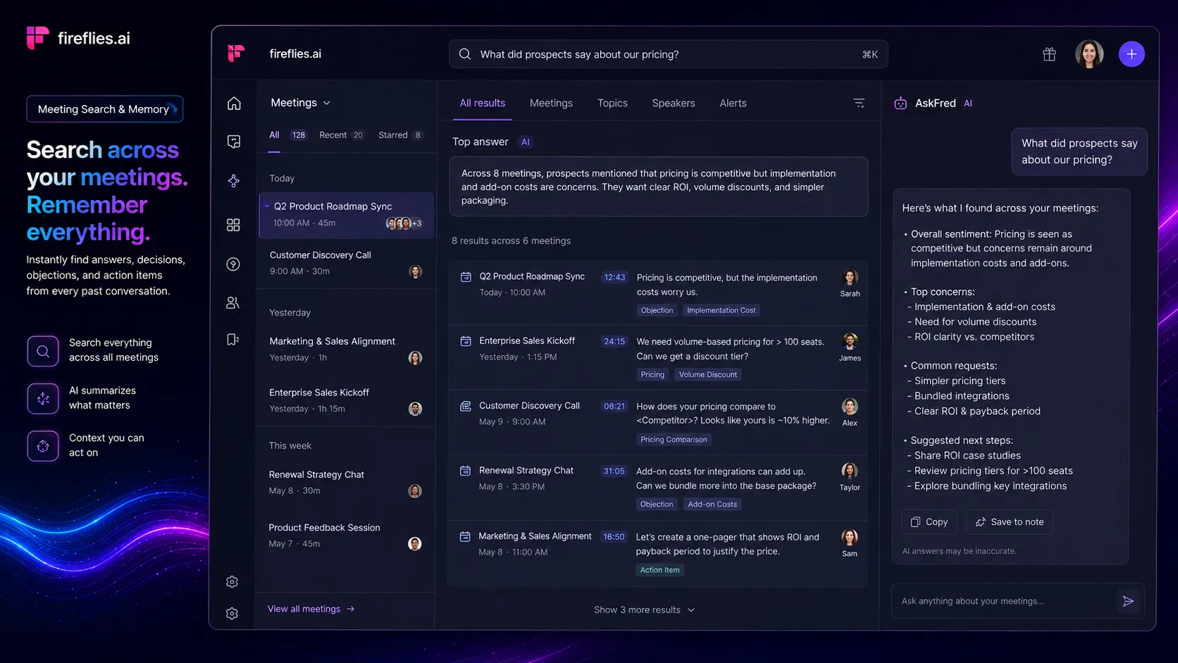 Fireflies.ai meeting search and AskFred style memory across past calls