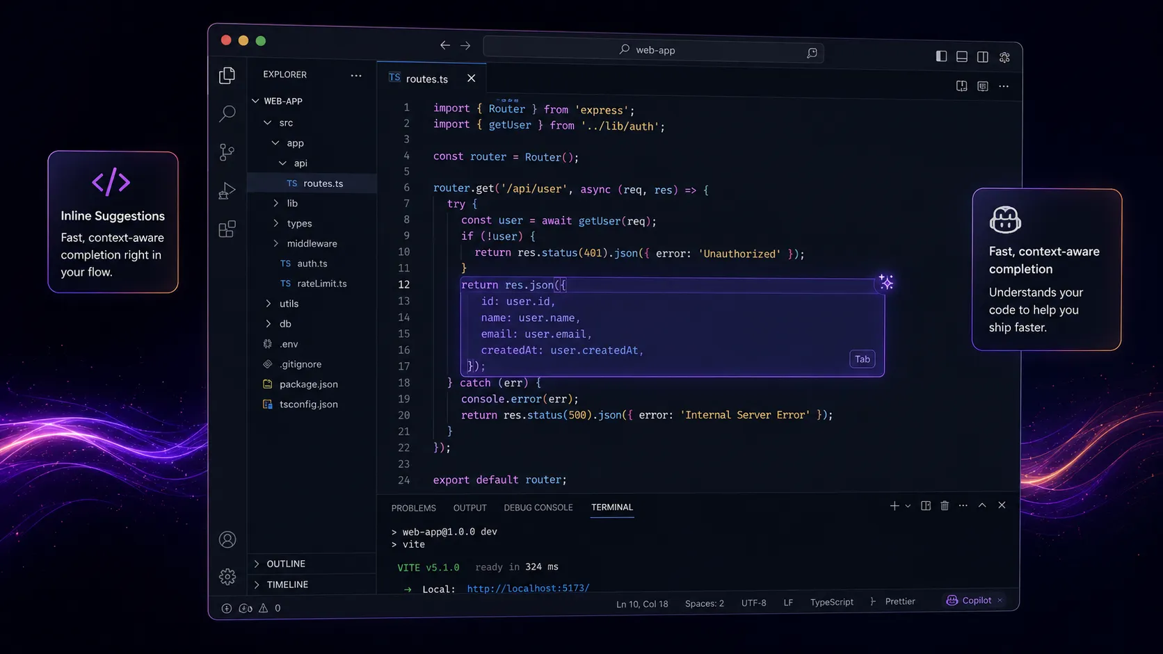 GitHub Copilot inline coding workflow inside a developer editor