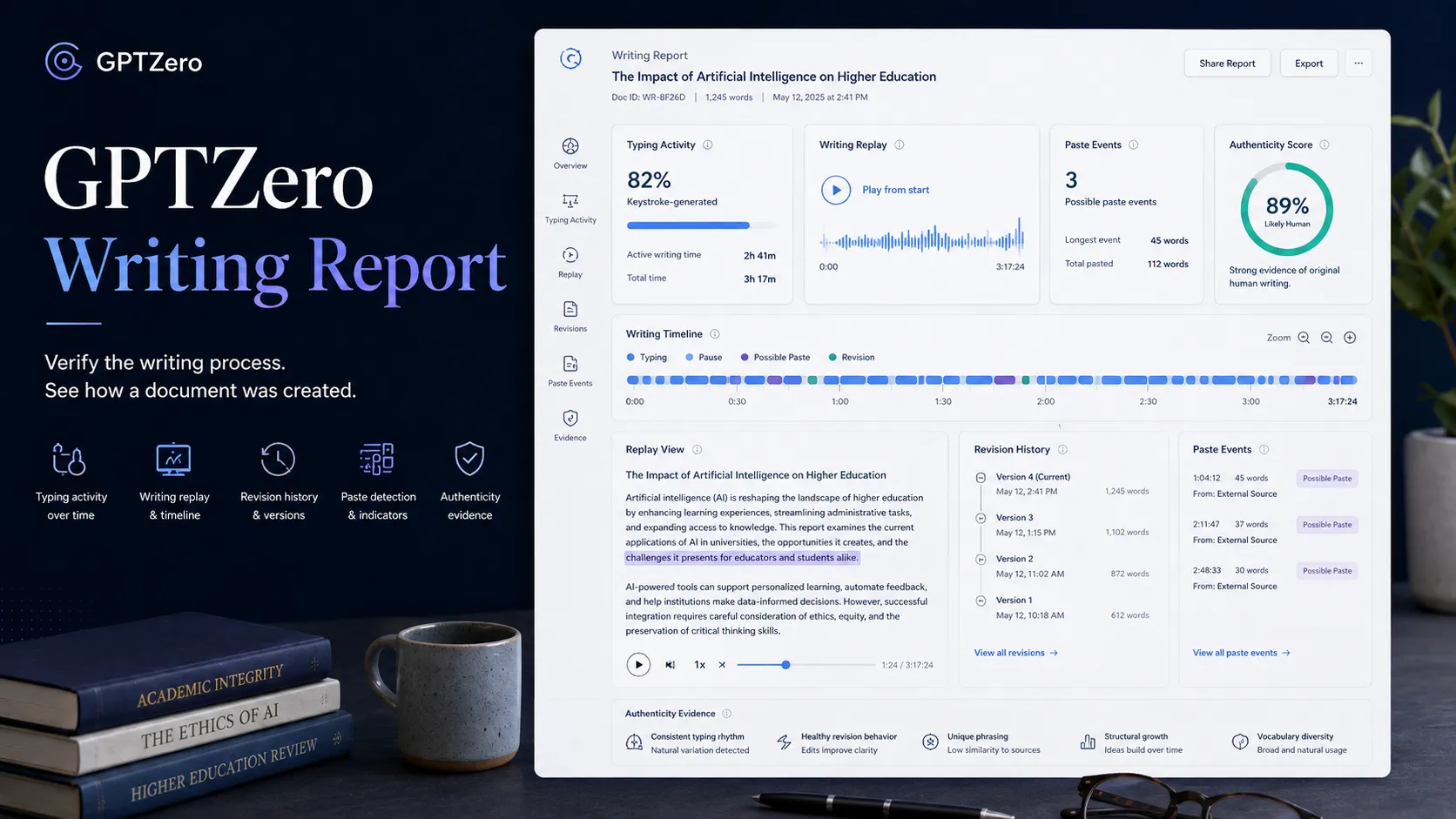 GPTZero Google Docs writing report concept with typing history, writing replay, and authenticity evidence