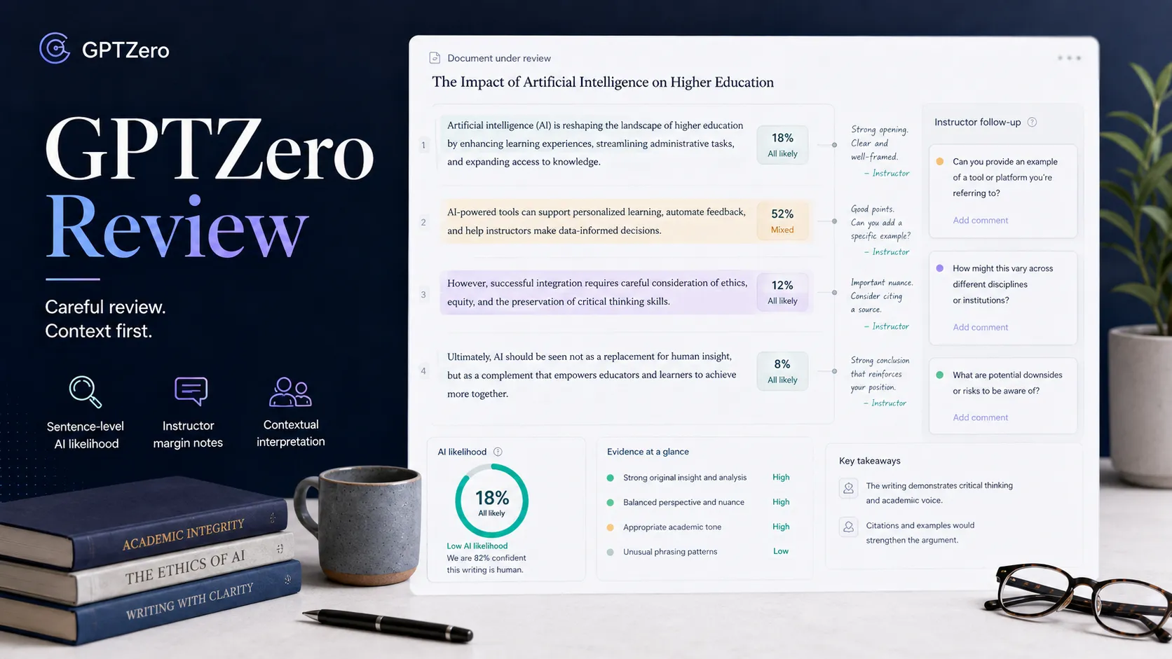 GPTZero sentence highlight review concept showing likely AI sections and notes for editorial follow-up