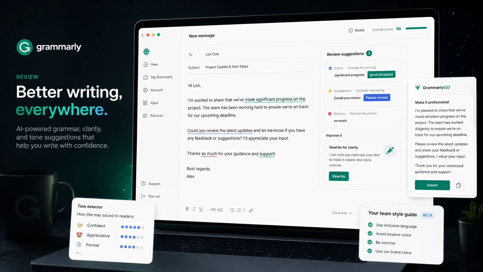 Grammarly review workspace showing grammar suggestions, tone feedback, AI rewrite options, and team style guidance