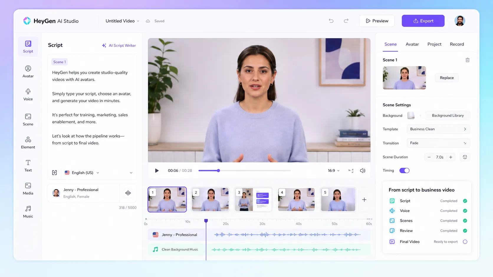 HeyGen avatar video pipeline showing script, presenter, voice, scenes, and final business video