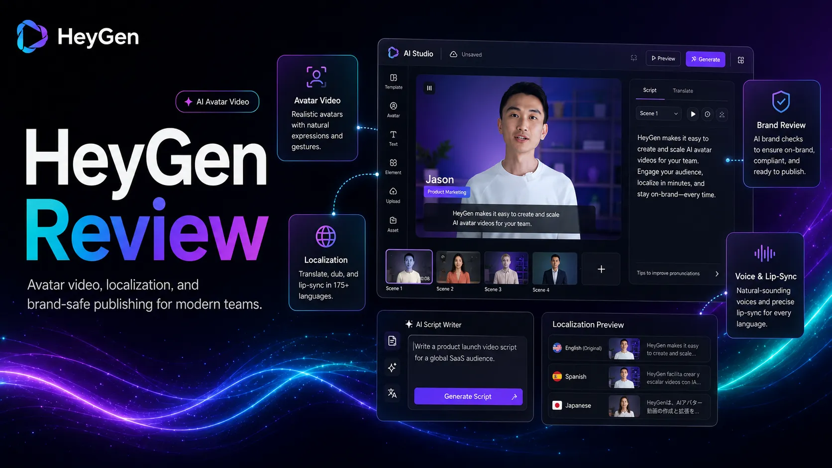 HeyGen AI video workspace concept showing avatar video, localization, script editing, and brand review layers