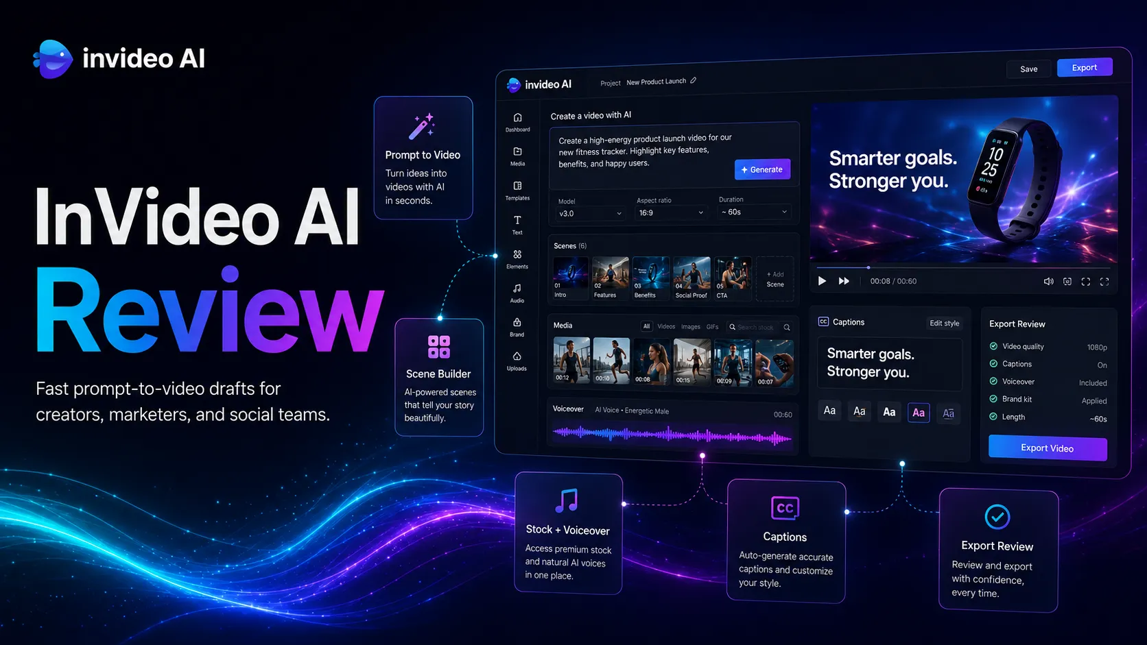 InVideo AI workspace concept showing prompt input, AI video generation, stock media selection, voiceover, captions, and export review