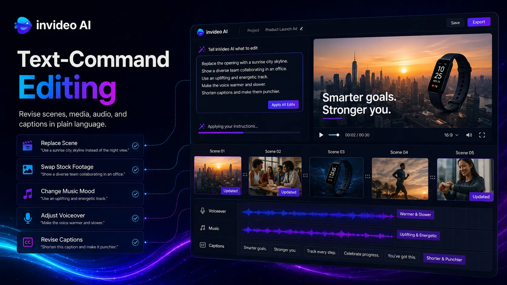 InVideo AI text-command editing concept showing natural language changes to scenes, audio, captions, and media