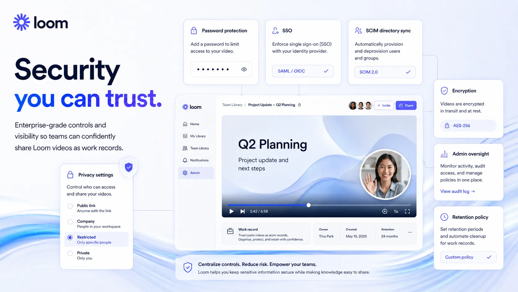 Loom security controls concept showing privacy settings, password protection, SSO, SCIM, encryption, and admin oversight