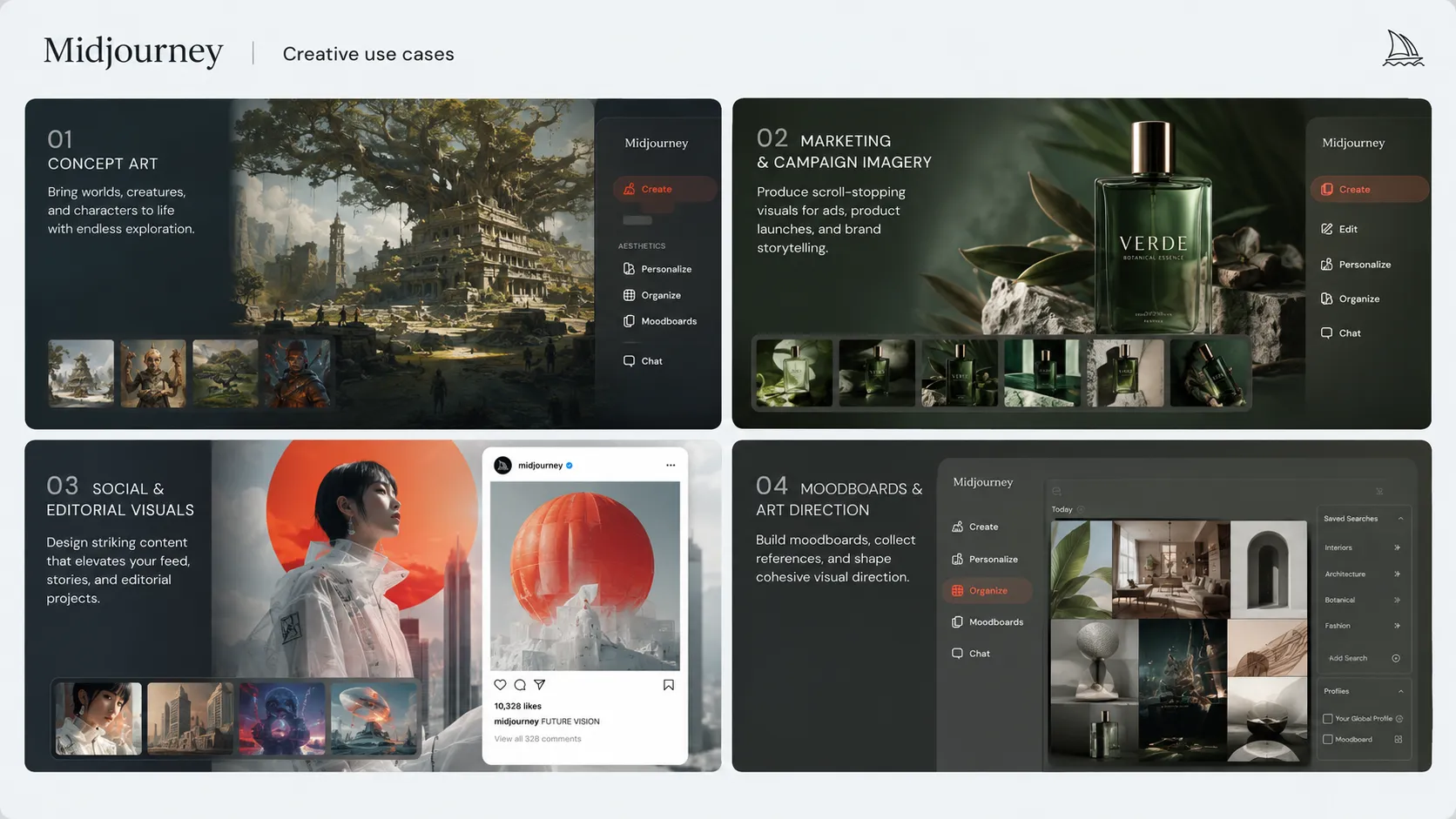 Midjourney creative use case visual showing concept art, marketing imagery, social visuals, and moodboards