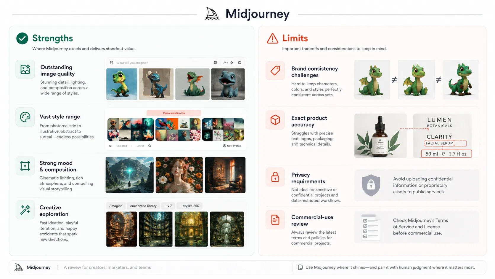 Midjourney strengths and limits visual showing image quality, style range, privacy, and production control tradeoffs