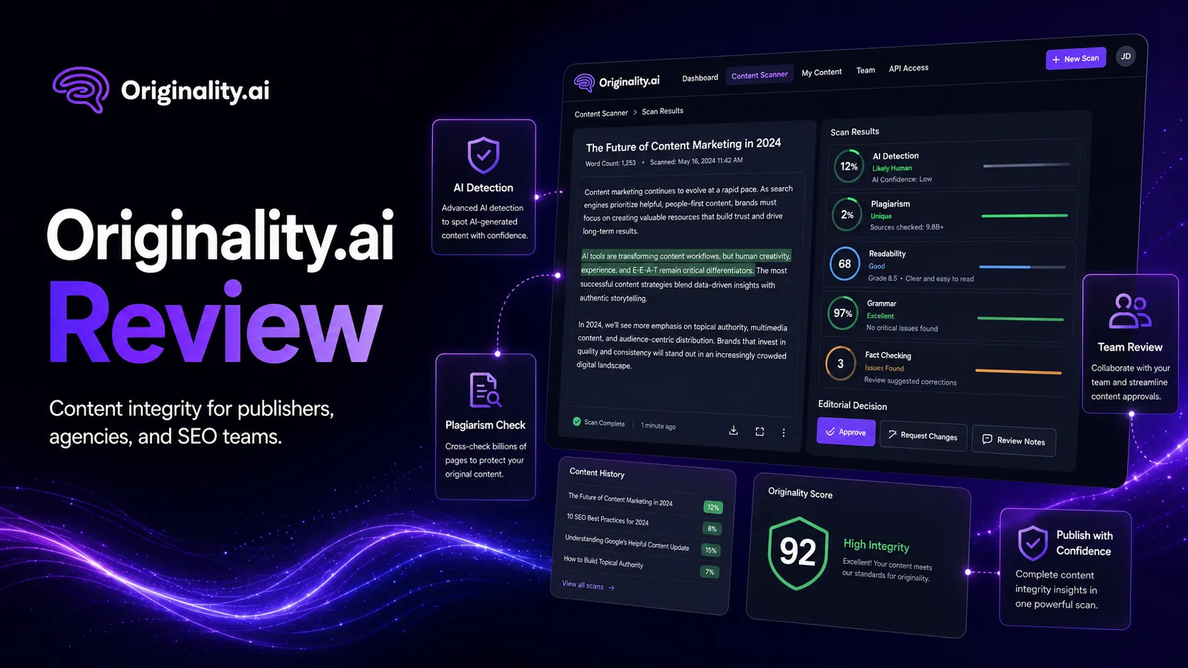 Originality.ai review hero showing a publisher content quality workflow with AI detection and plagiarism checks