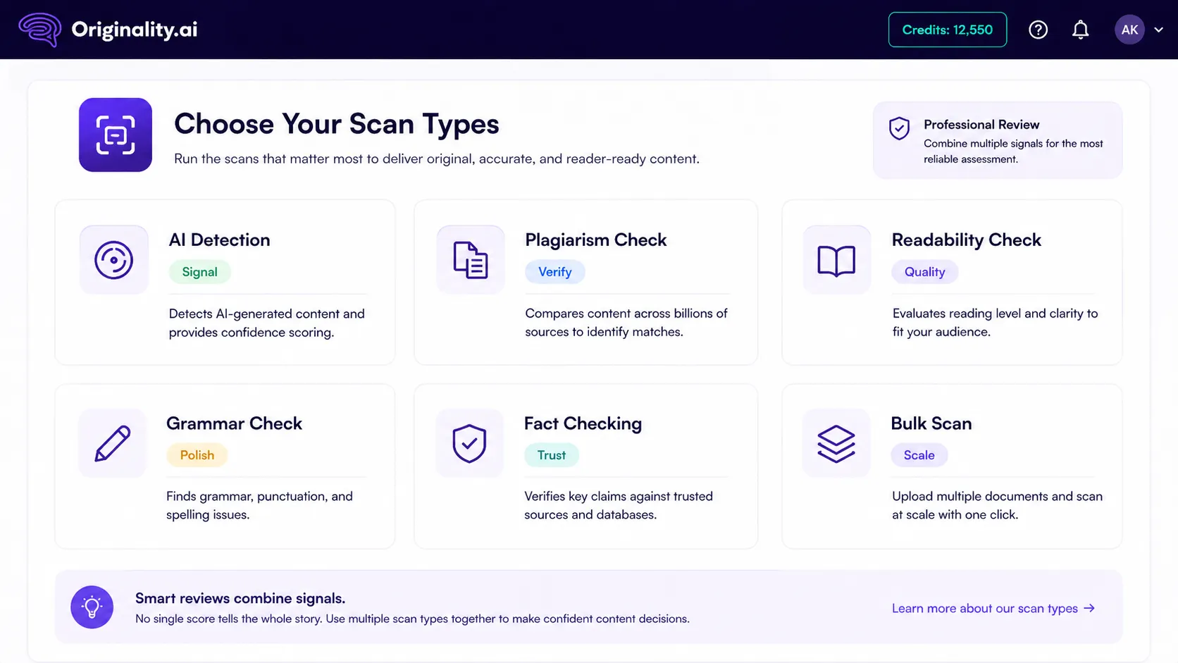 Originality.ai scan type decision visual showing AI detection, plagiarism, readability, grammar, and fact checking