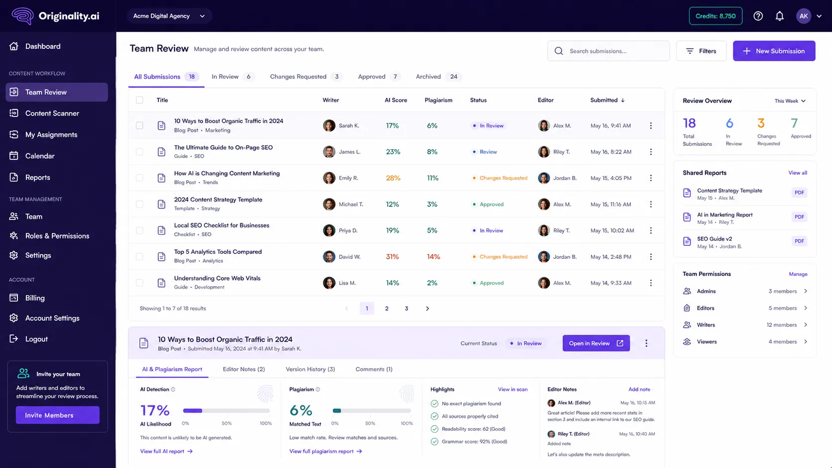 Originality.ai team review flow for agencies managing writer submissions