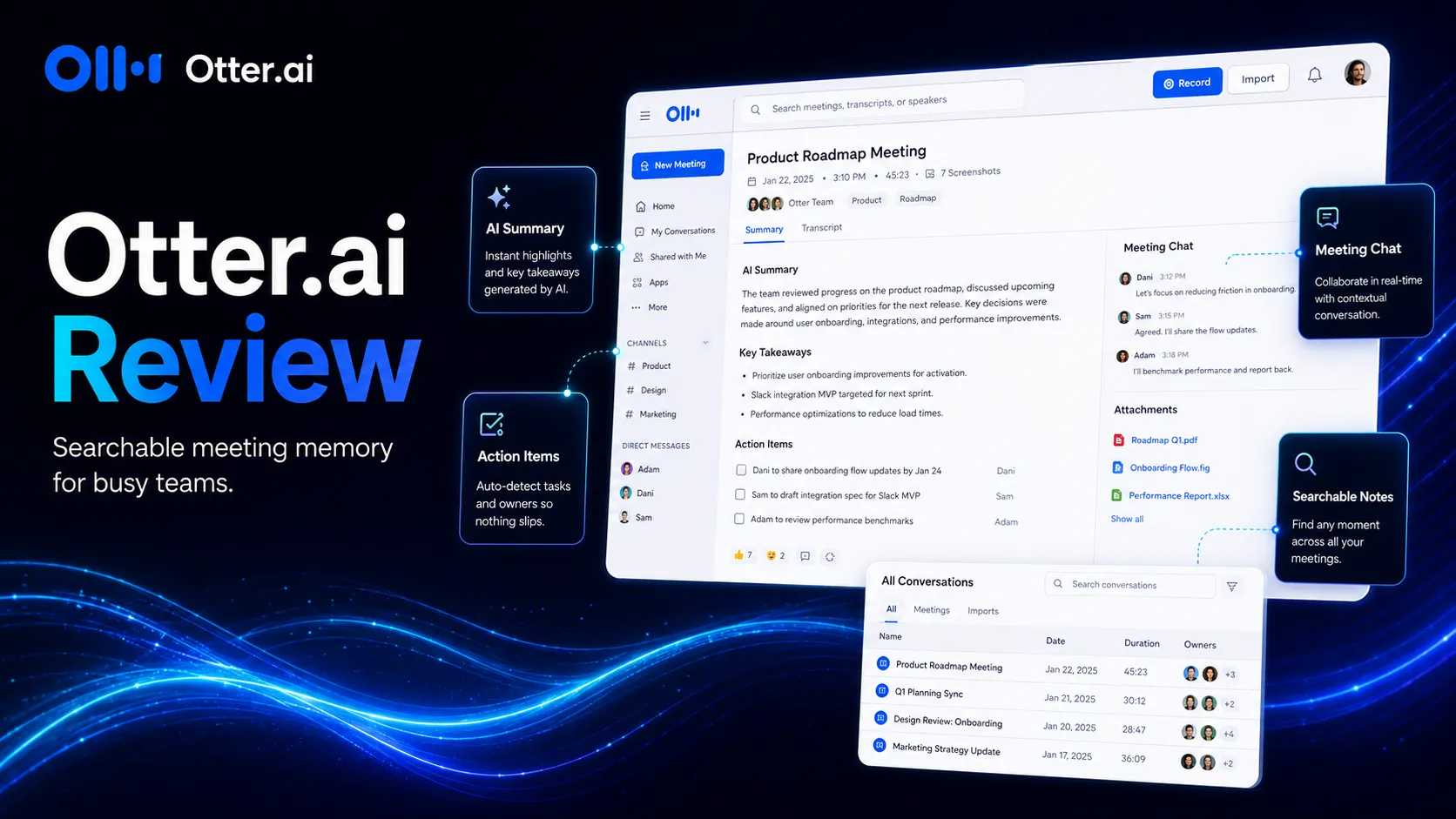 Otter.ai review hero image showing an AI meeting memory workspace with transcript, summary, and action item panels