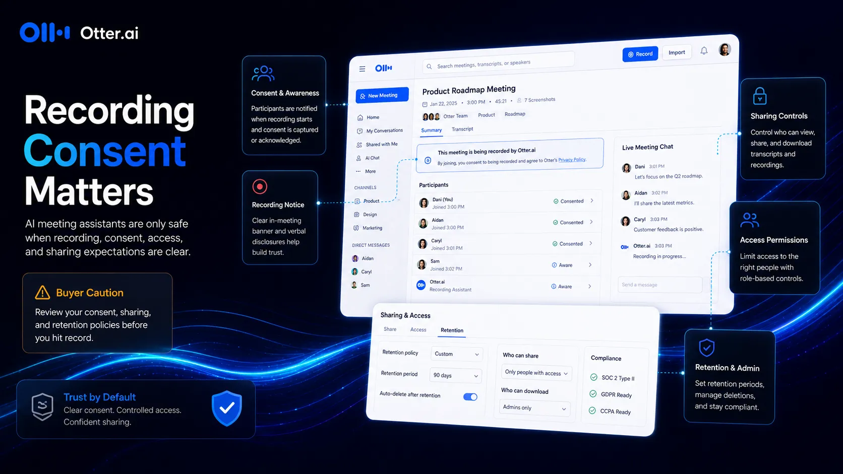 Otter.ai caution visual showing meeting recording consent and sharing controls before a call