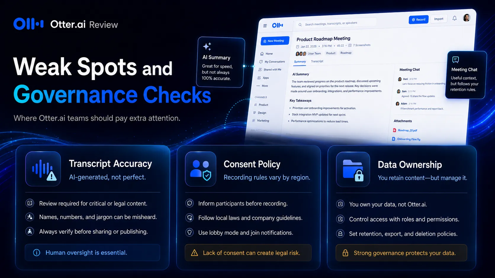 Otter.ai weak spots visual showing privacy, transcript accuracy, and meeting ownership checks