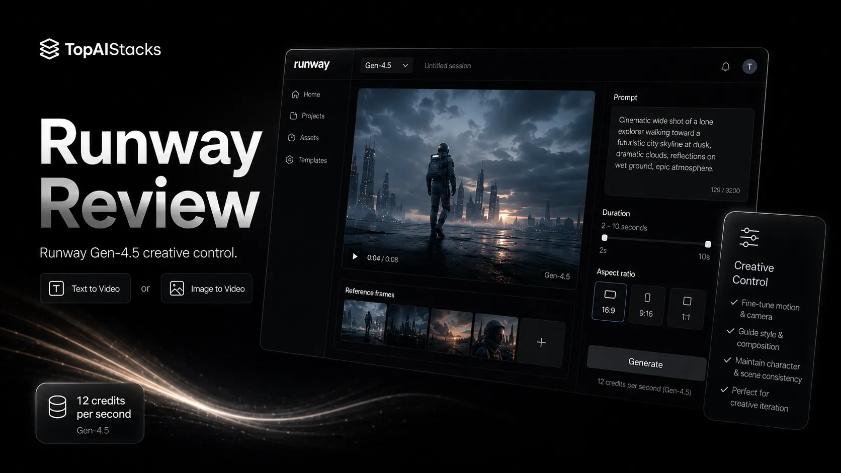 Runway Gen-4.5 creative control concept showing cinematic prompt, reference frames, camera motion, and review notes