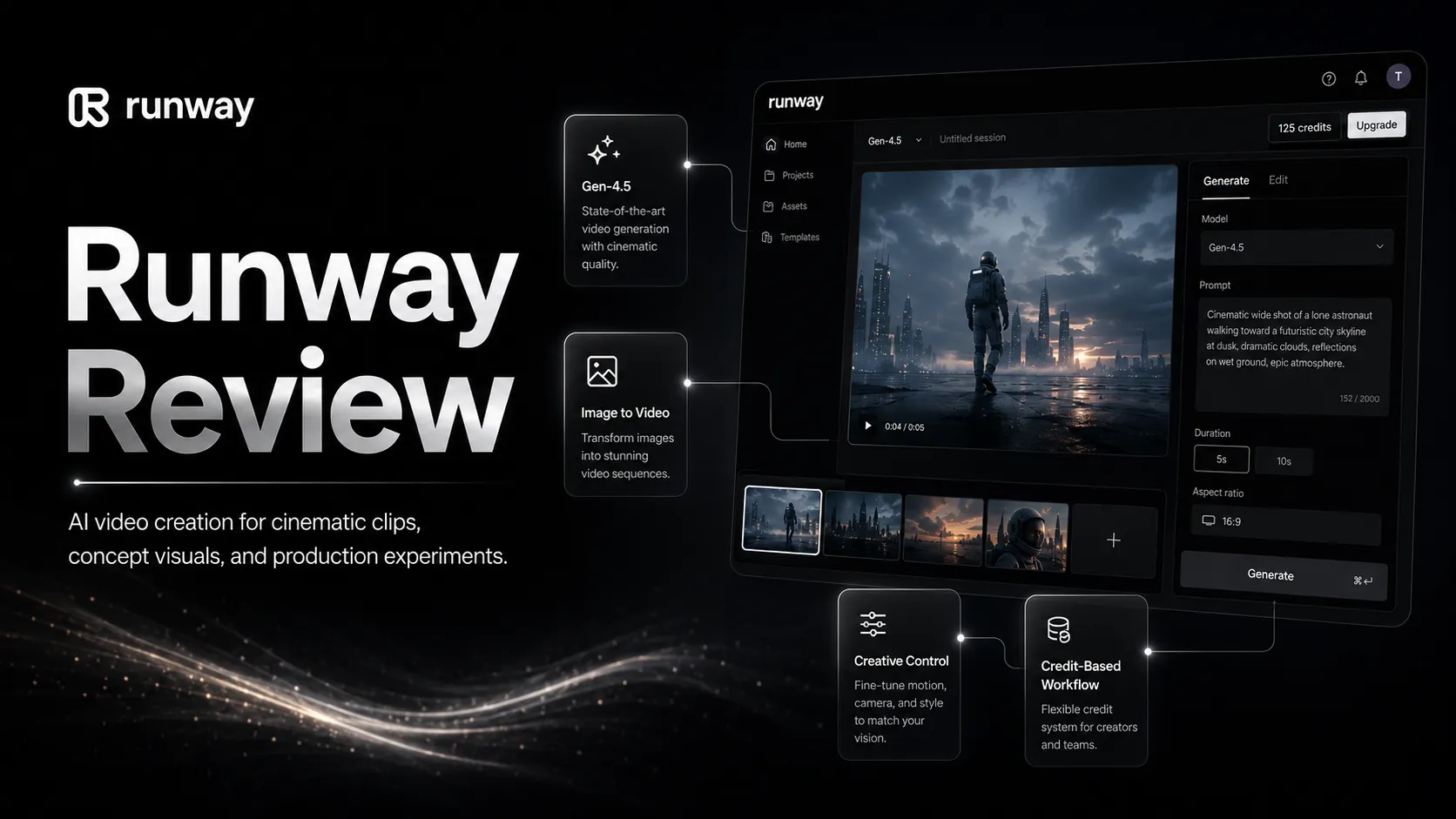 Runway AI video workspace concept showing generated clips, motion controls, and review checkpoints