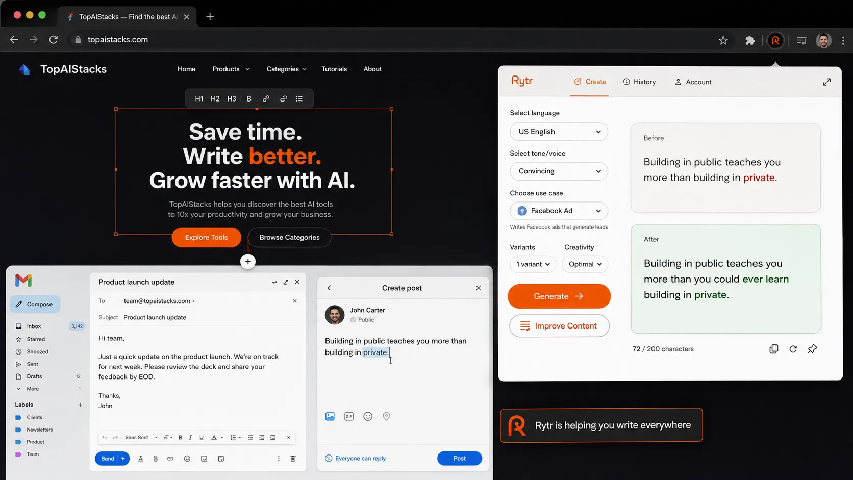 Rytr browser extension context showing writing support inside email, social, and web copy surfaces