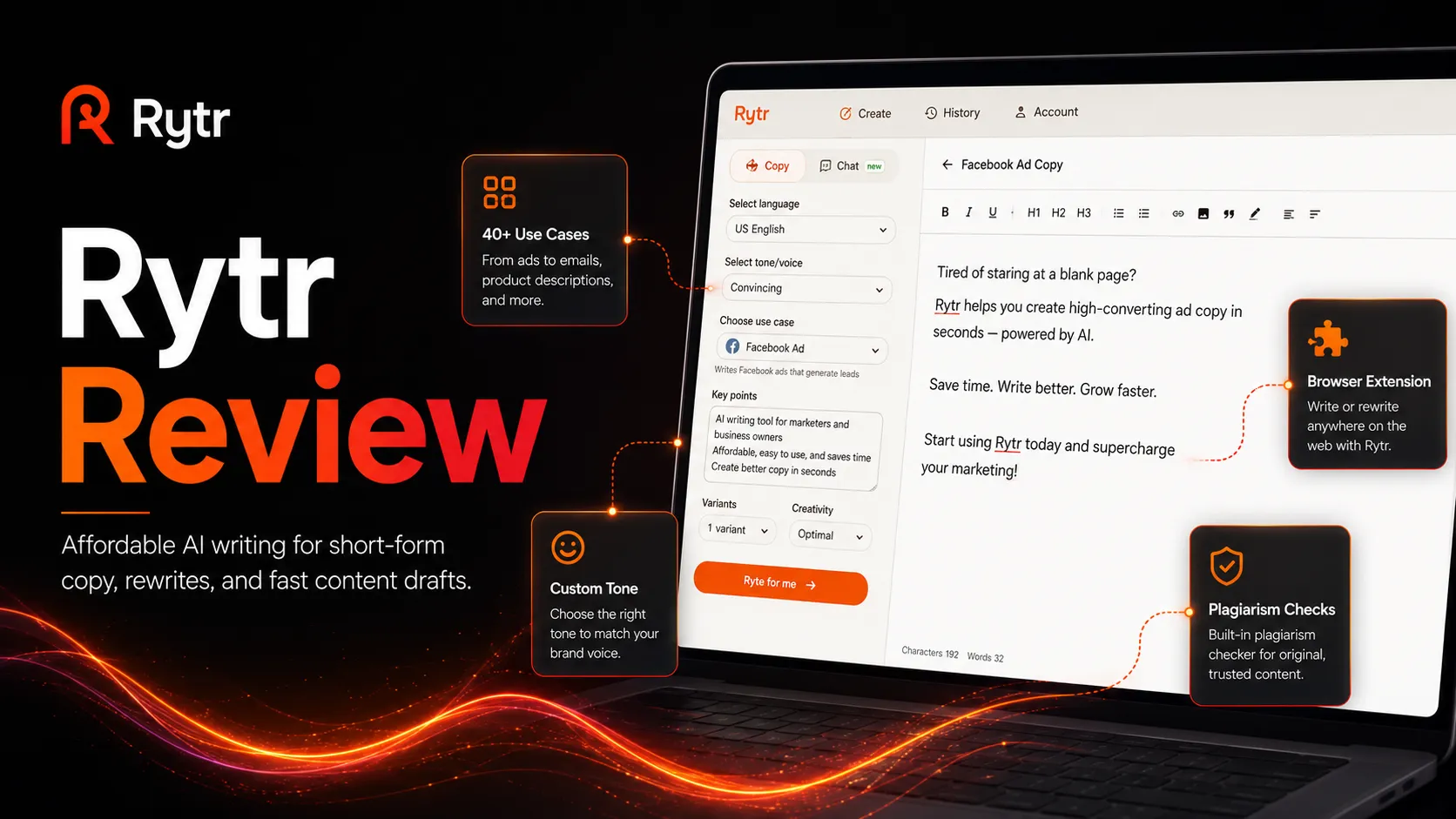 Rytr AI writing workspace concept showing short-form copy briefs, tone controls, rewrite notes, and editor review