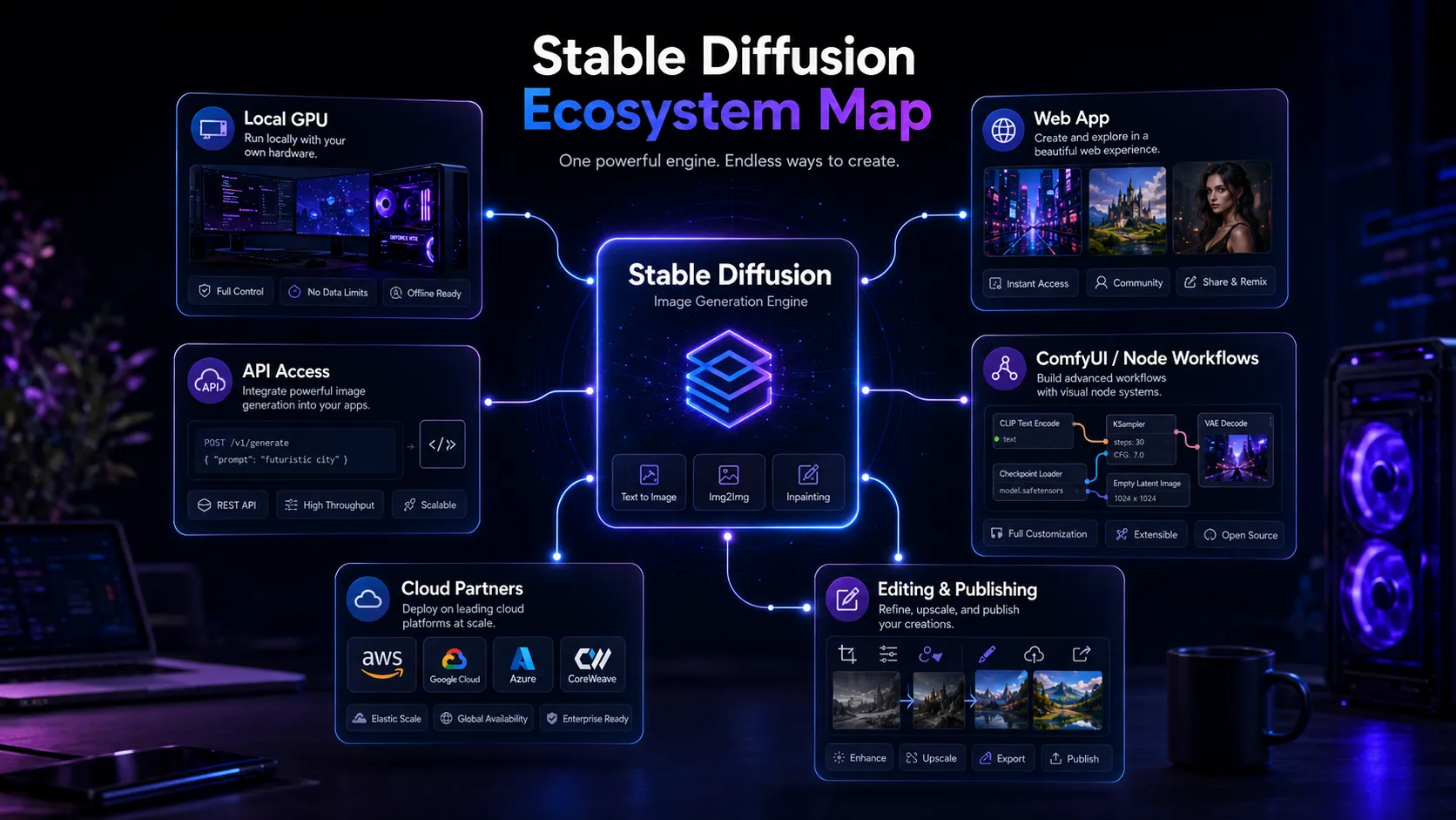 Stable Diffusion ecosystem map showing local generation, API access, cloud partners, and editing workflow paths