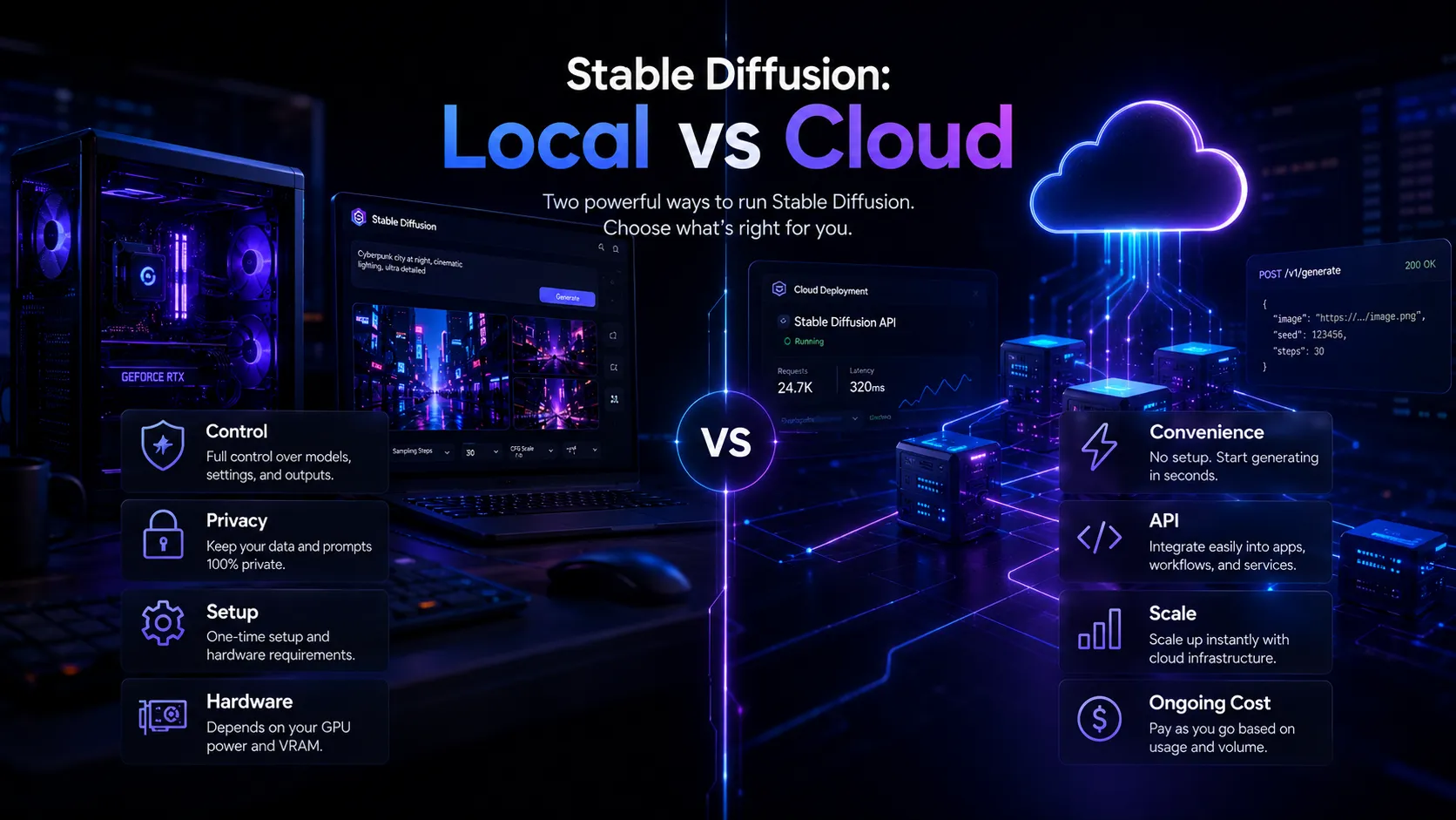 Stable Diffusion local versus cloud decision visual comparing privacy, setup effort, speed, and convenience