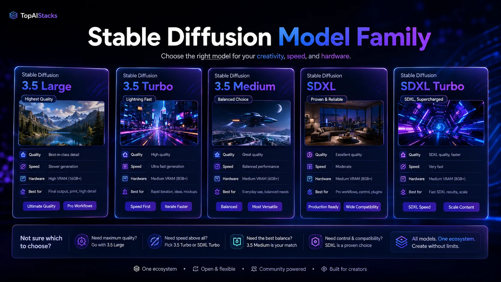 Stable Diffusion model family diagram showing Large, Turbo, Medium, SDXL, and SDXL Turbo decision paths
