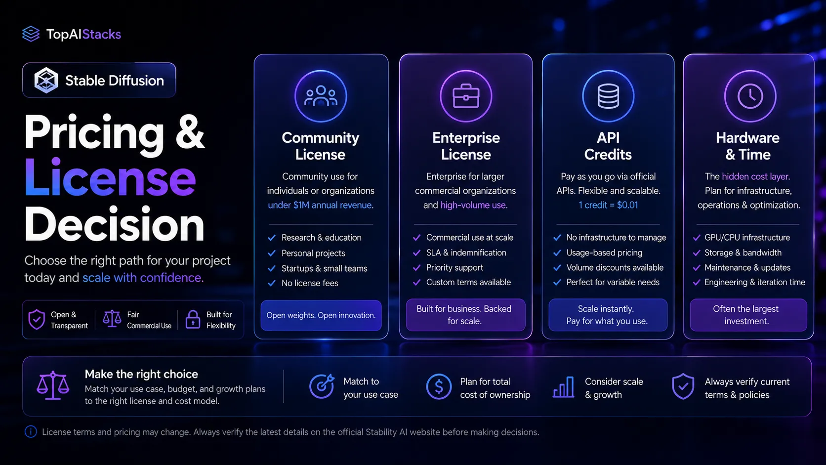 Stable Diffusion pricing and license decision diagram comparing community license, enterprise license, API credits, and hardware cost